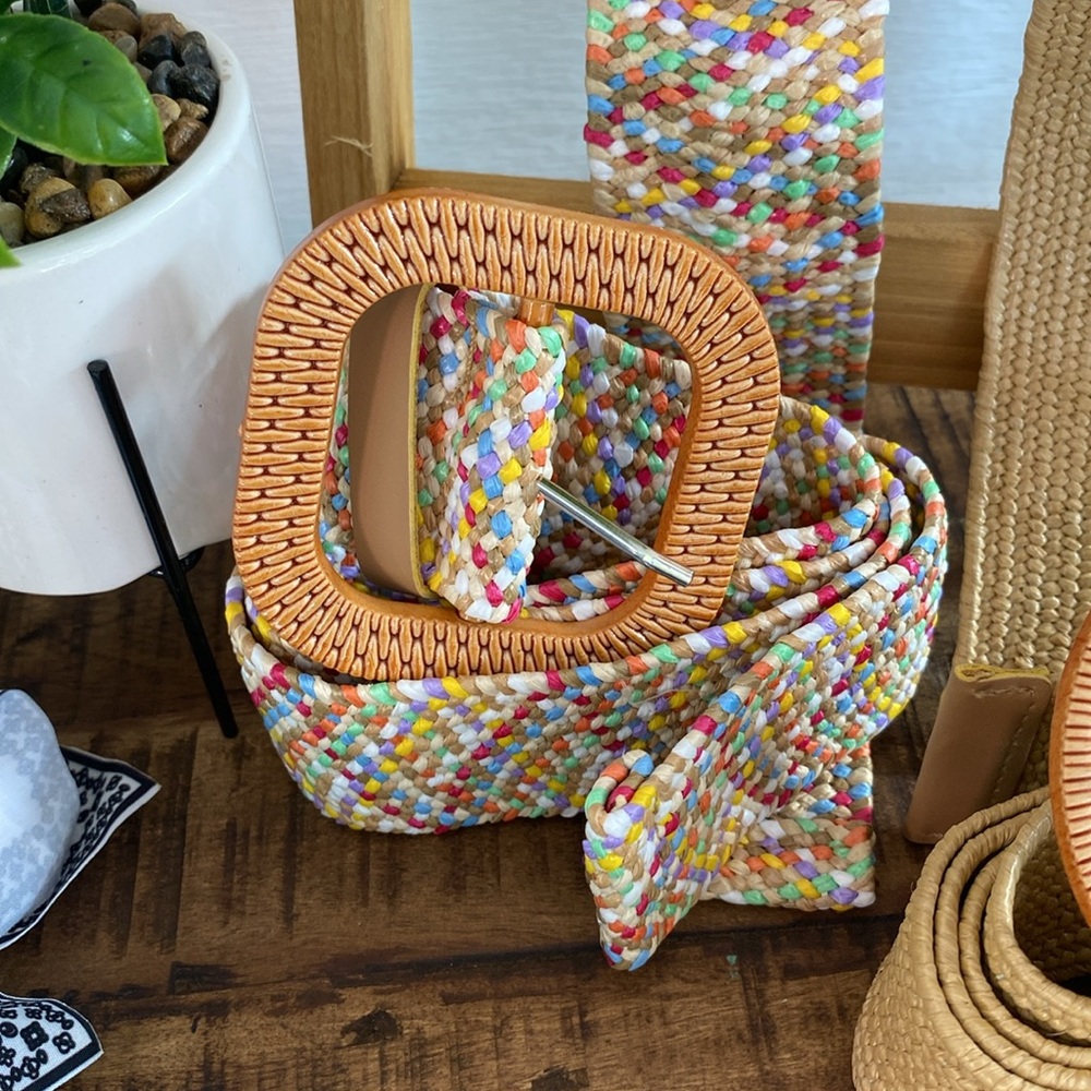 Boho Straw Belt with Ellipse Buckle Stretching 1.8 in x 42.1 Multicolored